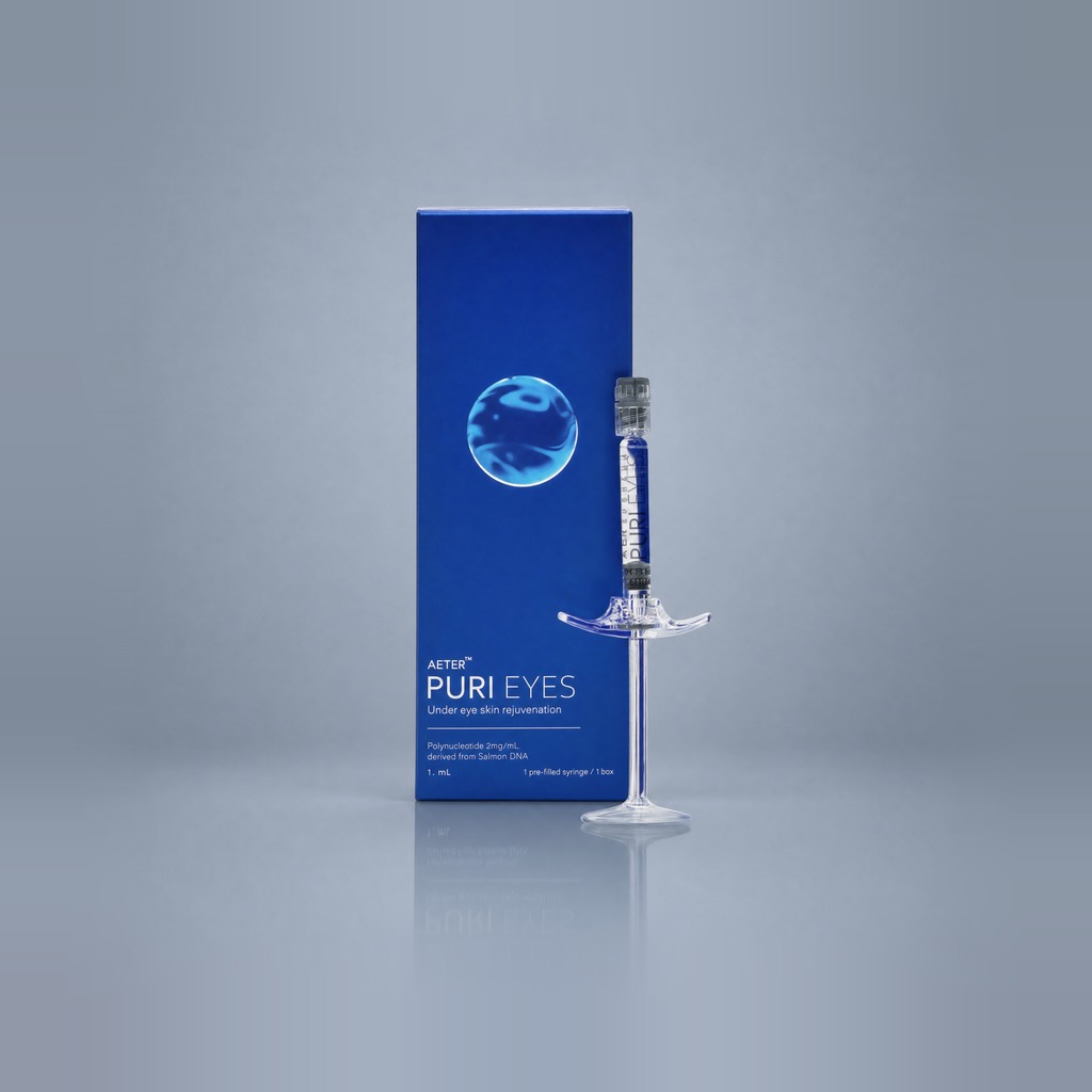 Aeterderm Puri Eyes Pro blue box and 1.1 mL prefilled syringe — polynucleotide 6 mg/mL higher-strength under-eye skin booster by WEDERM