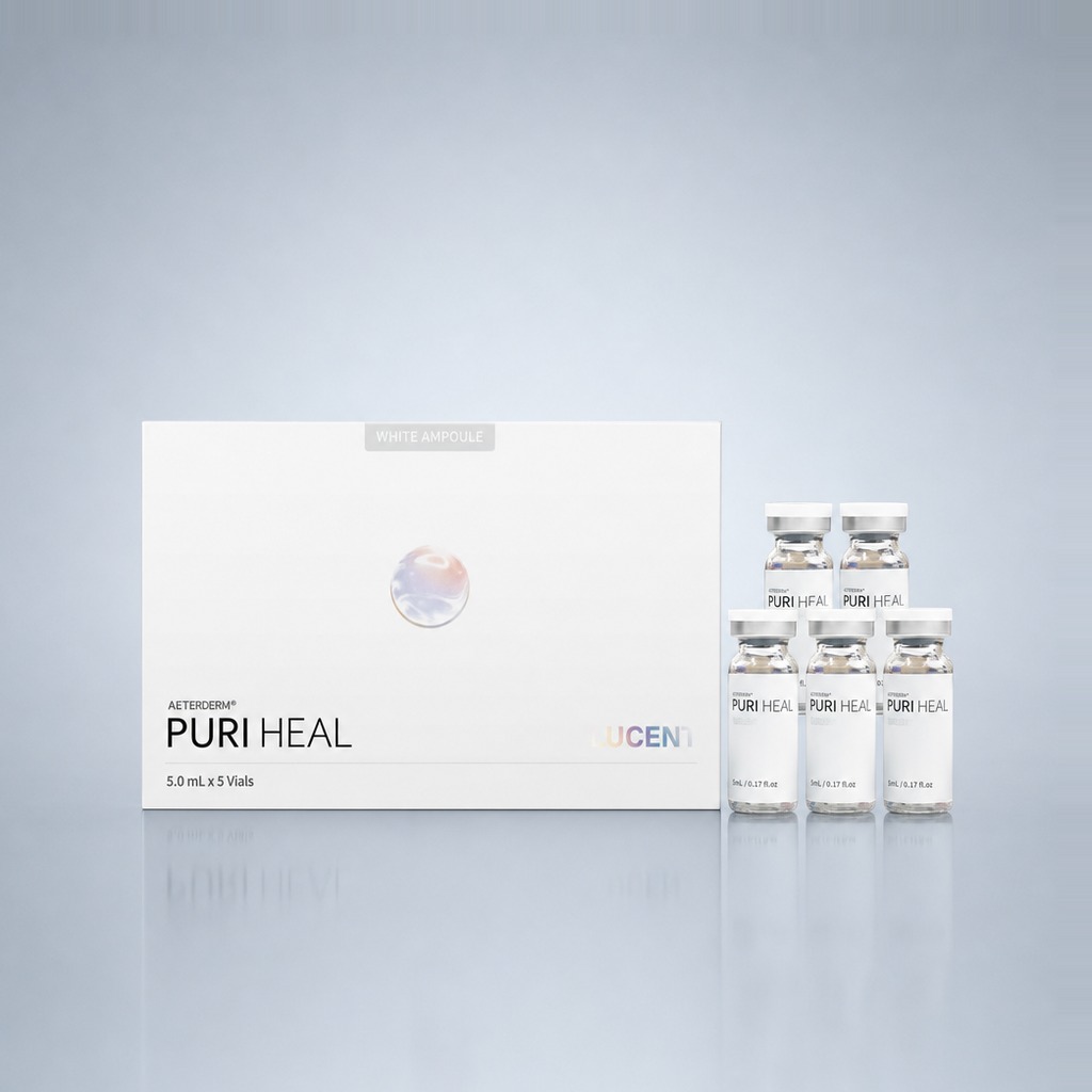 Aeterderm Puri Heal Lucent white box with five 5 mL vials — glutathione and tranexamic acid brightening skin booster by WEDERM