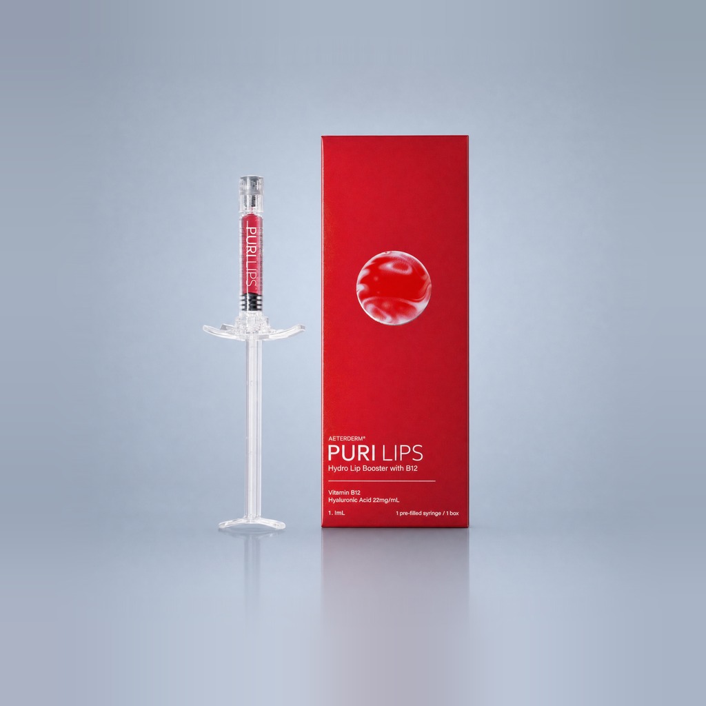 Aeterderm Puri Lips red box and 1.1 mL prefilled syringe — hyaluronic acid and vitamin B12 hydrating lip booster by WEDERM