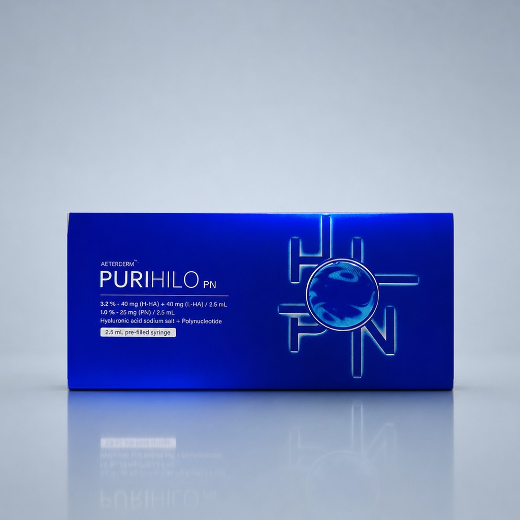 Aeterderm Purihilo PN blue box — high and low molecular weight hyaluronic acid with polynucleotide, 2.5 mL prefilled syringe, WEDERM