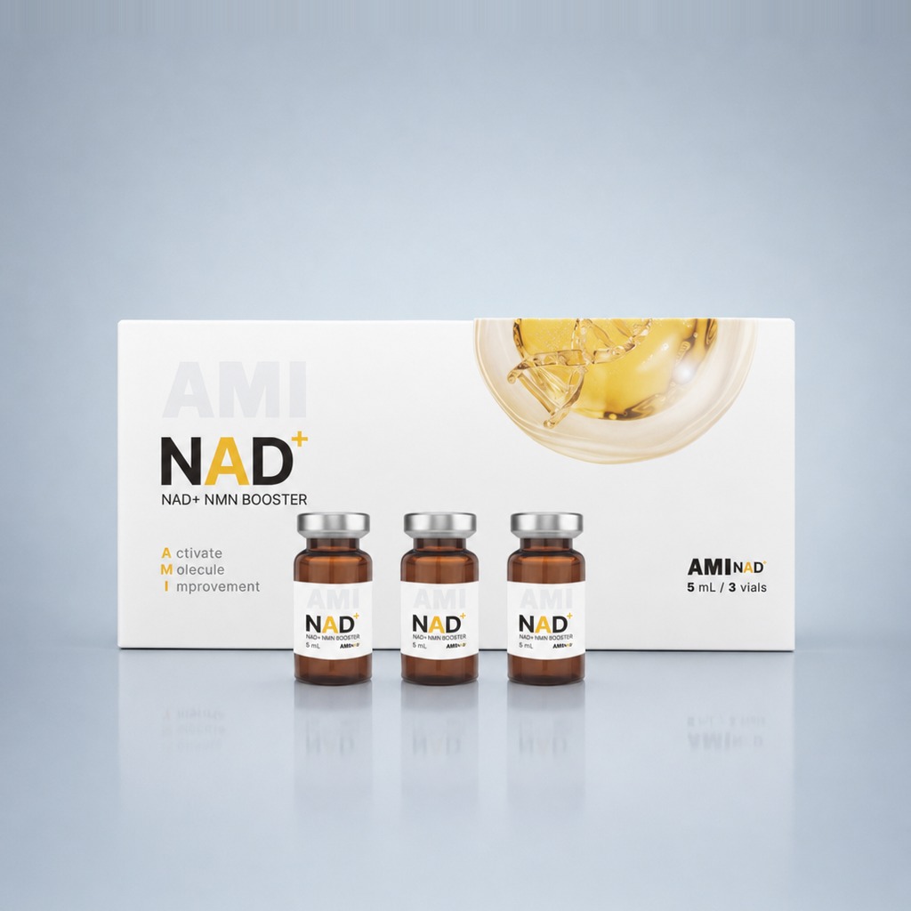 AMI NAD+ box with three 5 mL vials — NAD+ and NMN cellular skin booster with PDRN by Quiver Medic Korea
