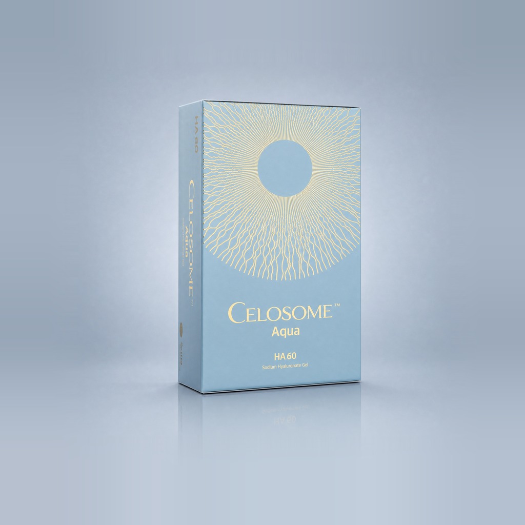 Celosome Aqua HA 60 light-blue box — non-cross-linked hyaluronic acid 24 mg/mL skin booster, 2.5 mL × 5 syringes, ExoCoBio Korea