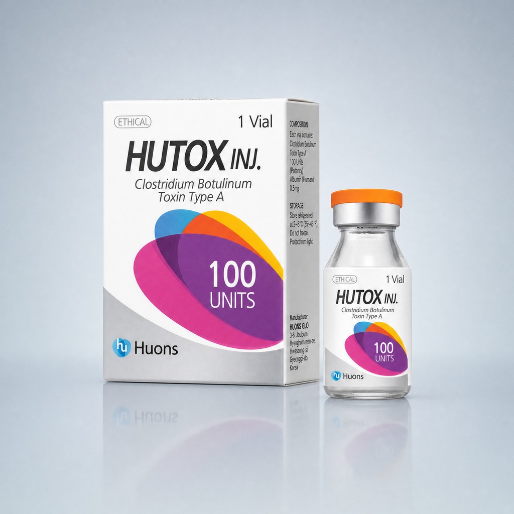 Hutox 100 U vial and box — Huons BioPharma botulinum toxin type A, freeze-dried Korean toxin
