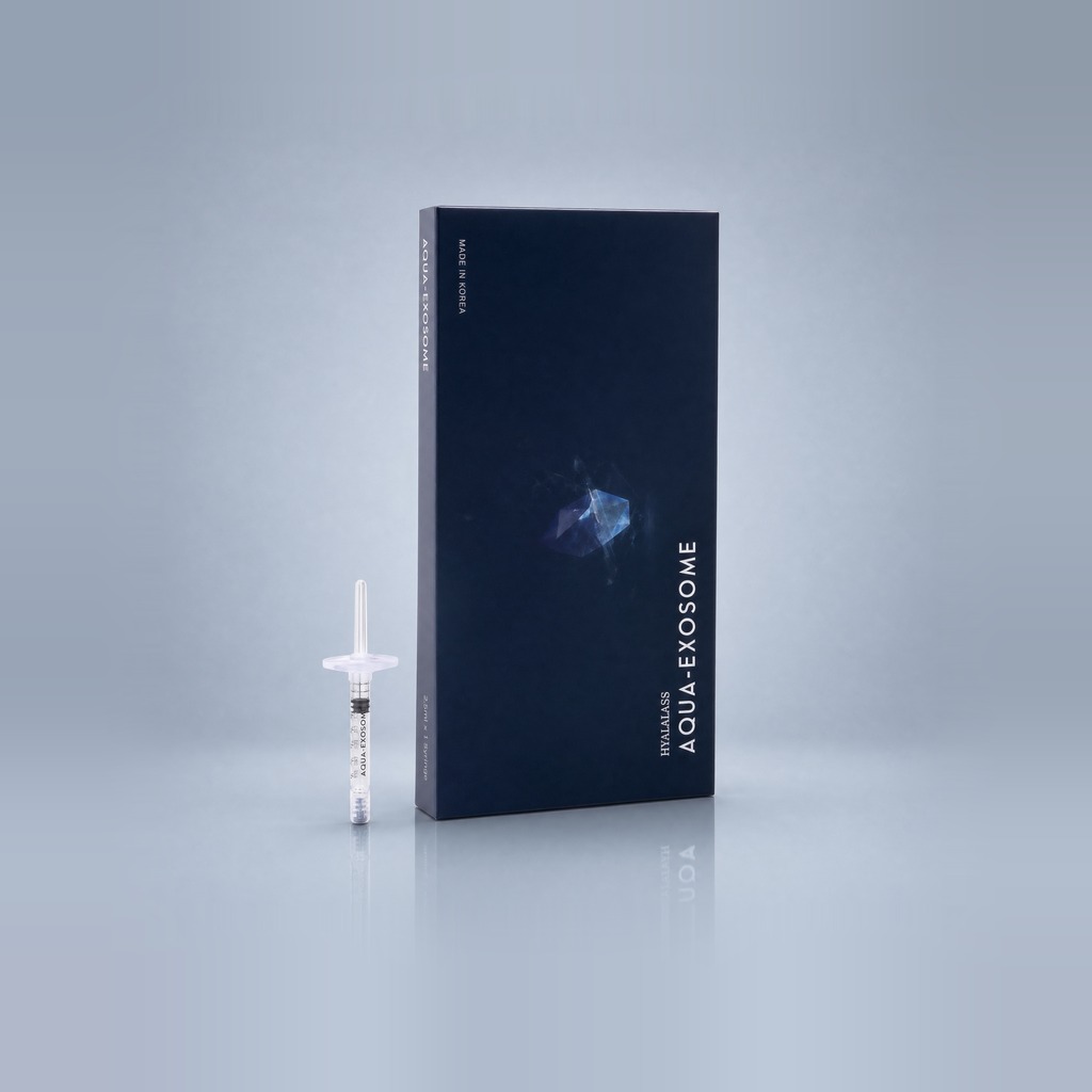 Hyalmass Aqua-Exosome navy box and 2.5 mL prefilled syringe — hyaluronic acid, exosome and PDRN hybrid booster by Maypharm Korea
