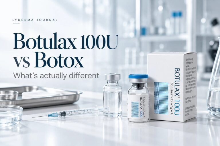 Botulax 100U vial and box beside a saline vial and syringe on a clinical lab bench