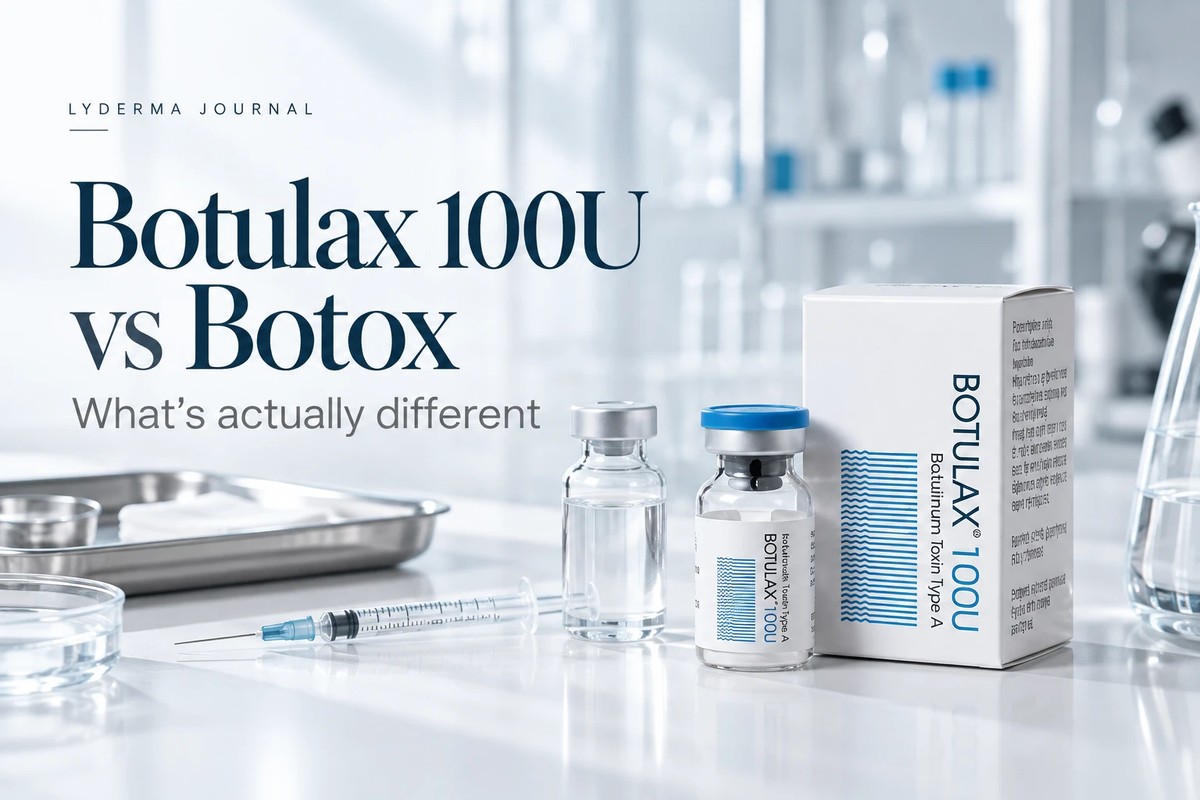 Botulax 100U vial and box beside a saline vial and syringe on a clinical lab bench