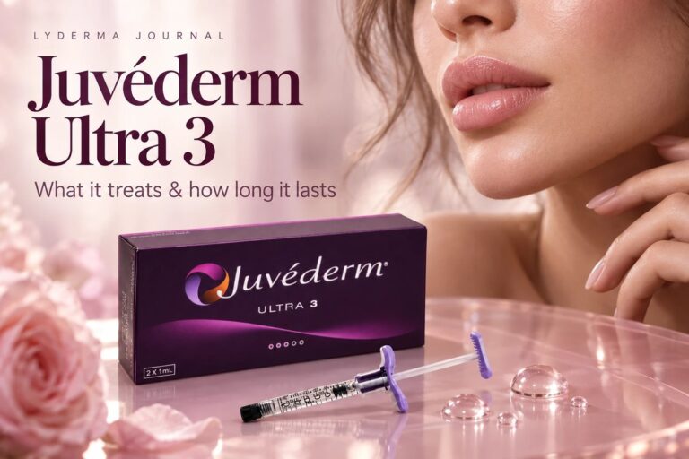 Juvéderm Ultra 3 box and prefilled syringe beside a close-up of full, hydrated lips