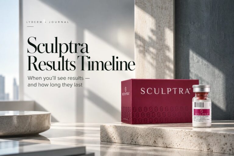 Sculptra results timeline — Sculptra poly-L-lactic acid vial and box on a travertine plinth in soft daylight