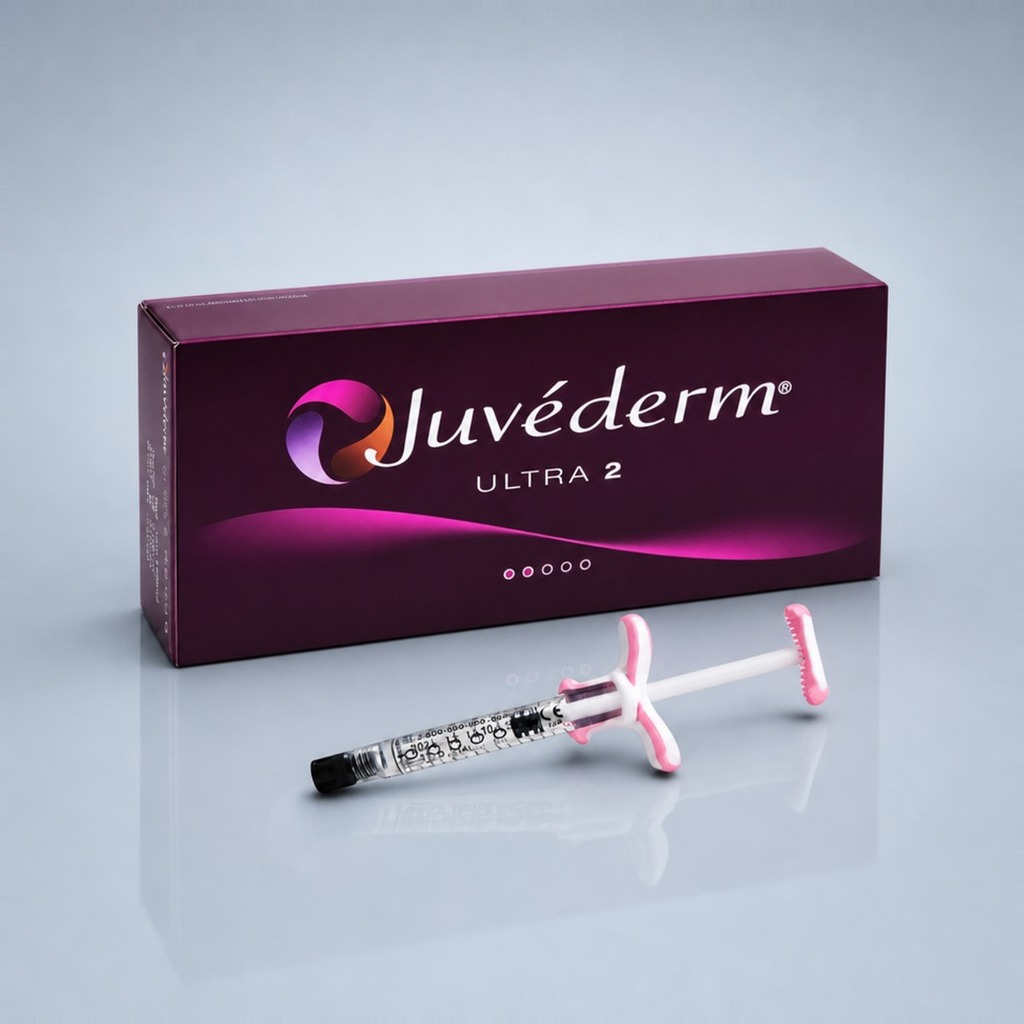 Juvéderm Ultra 2 with Lidocaine cross-linked hyaluronic acid dermal filler — box and 0.55 mL prefilled syringe