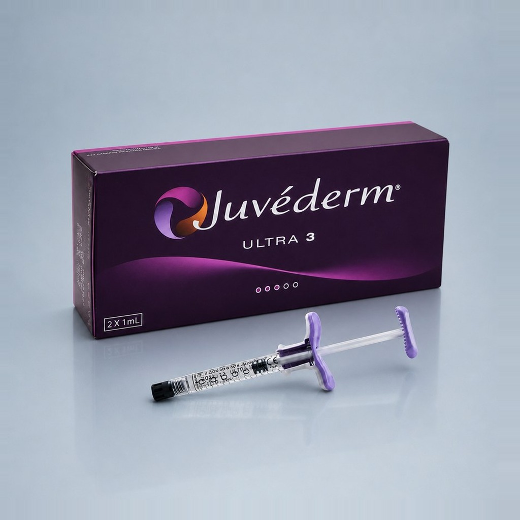 Juvéderm Ultra 3 with Lidocaine cross-linked hyaluronic acid dermal filler — box and 1 mL prefilled syringe