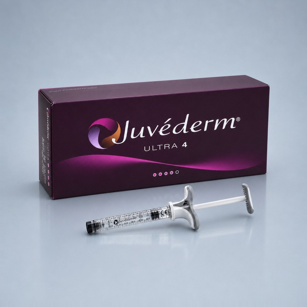 Juvéderm Ultra 4 with Lidocaine cross-linked hyaluronic acid dermal filler — box and 1 mL prefilled syringe