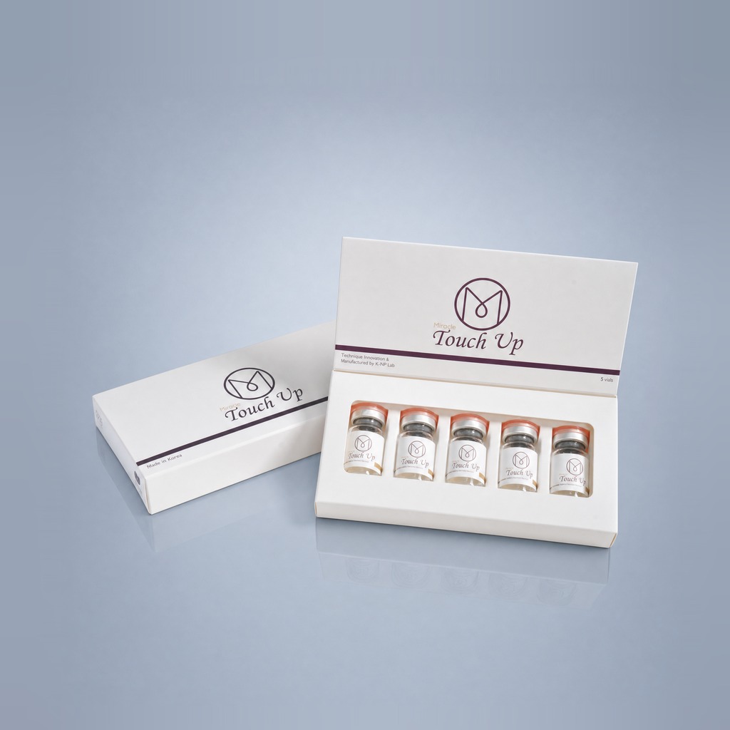 Miracle Touch Up box open with five 2 mL vials — polycaprolactone stem-cell booster meso solution by DEXLEVO Korea