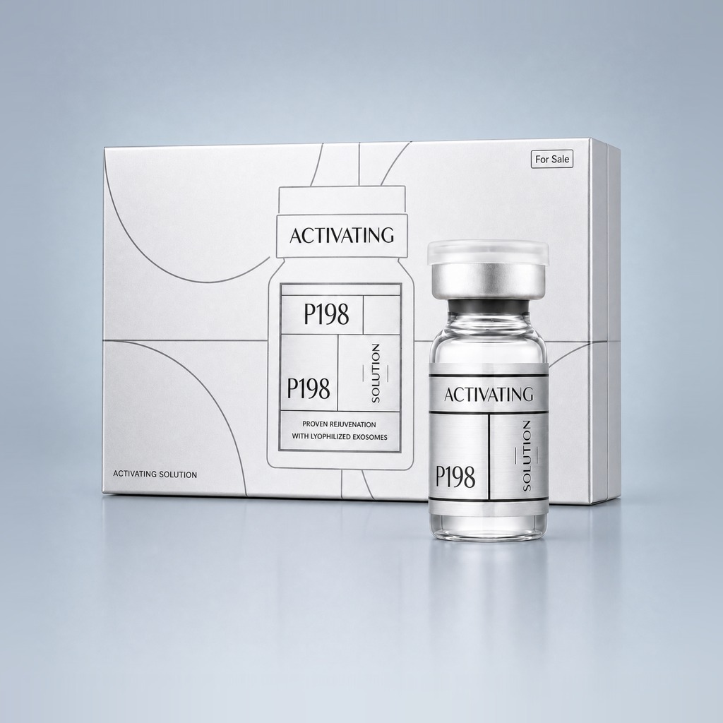 P198 Activating Solution box and vial — P198 ExoHealer nutrient activating solvent, 5 mL × 10, to reconstitute the Filcore exosome powders, by Primoris Korea