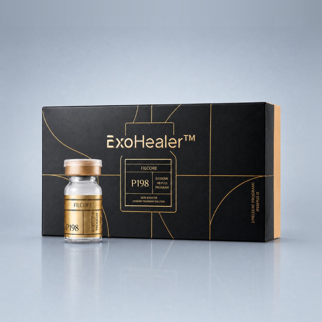 P198 ExoHealer™ Filcore Activating Solution box and vial — P198 ExoHealer nutrient activating solvent, 5 mL × 10, to reconstitute the Filcore exosome powders, by Primoris Korea
