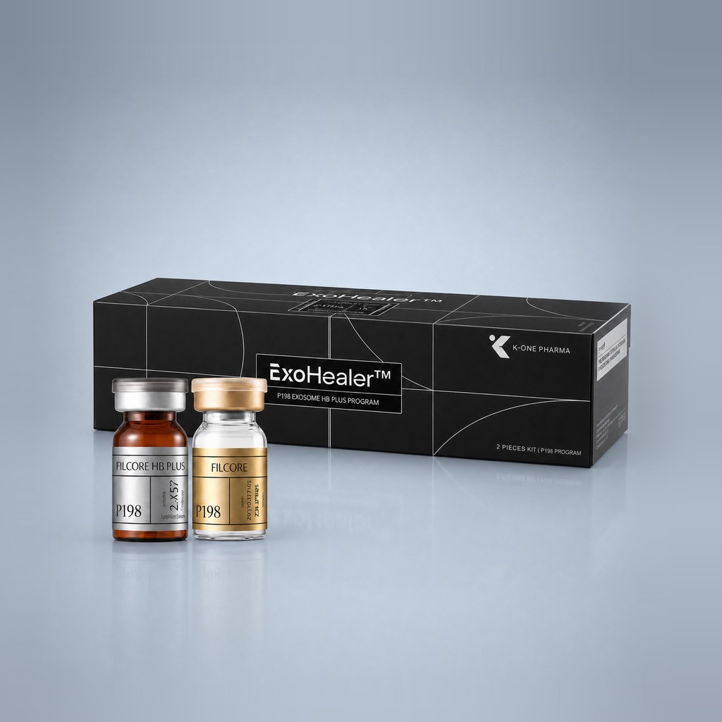 P198 ExoHealer Filcore HB Plus Program black box with powder and solution vials — cord-blood exosome scalp and hair booster kit by Primoris Korea