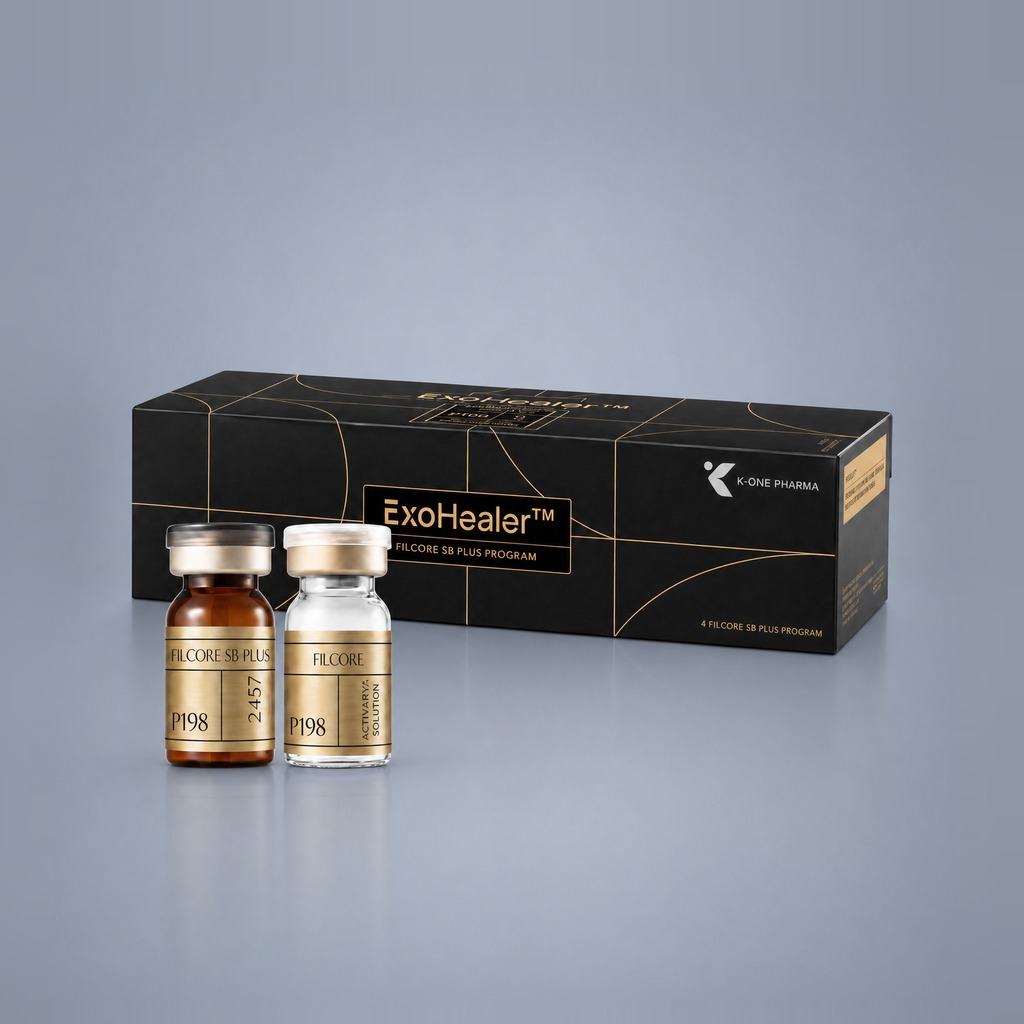P198 ExoHealer Filcore SB Plus Program black box with powder and solution vials — cord-blood exosome skin booster kit by Primoris Korea