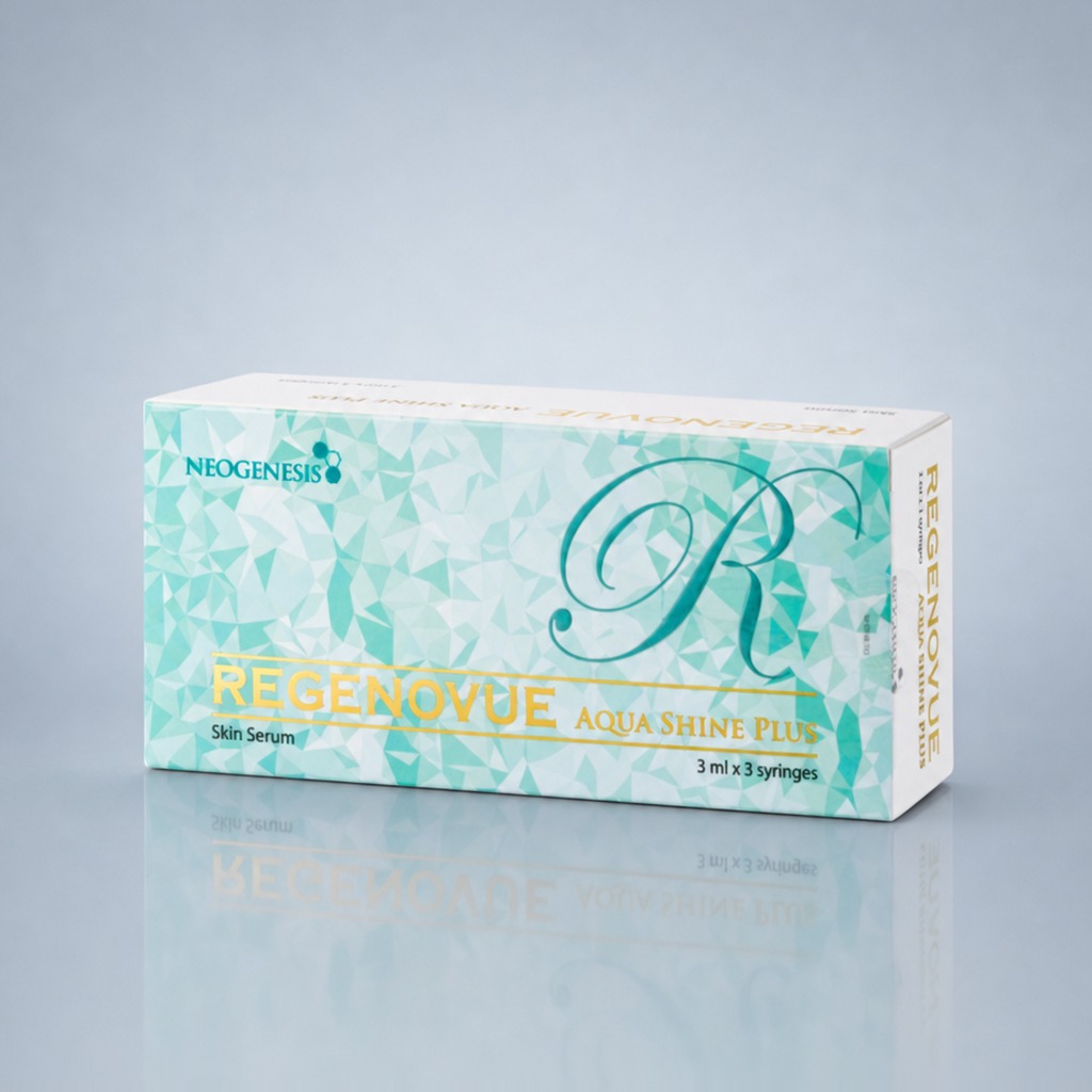 Regenovue Aqua Shine Plus box — partially cross-linked hyaluronic acid skin serum, 3 mL × 3 syringes, NeoGenesis Korea