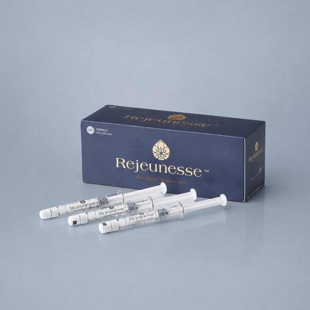 Rejeunesse Sparkle navy carton with three 2.5 mL prefilled syringes — low cross-linked hyaluronic acid skin booster with lidocaine