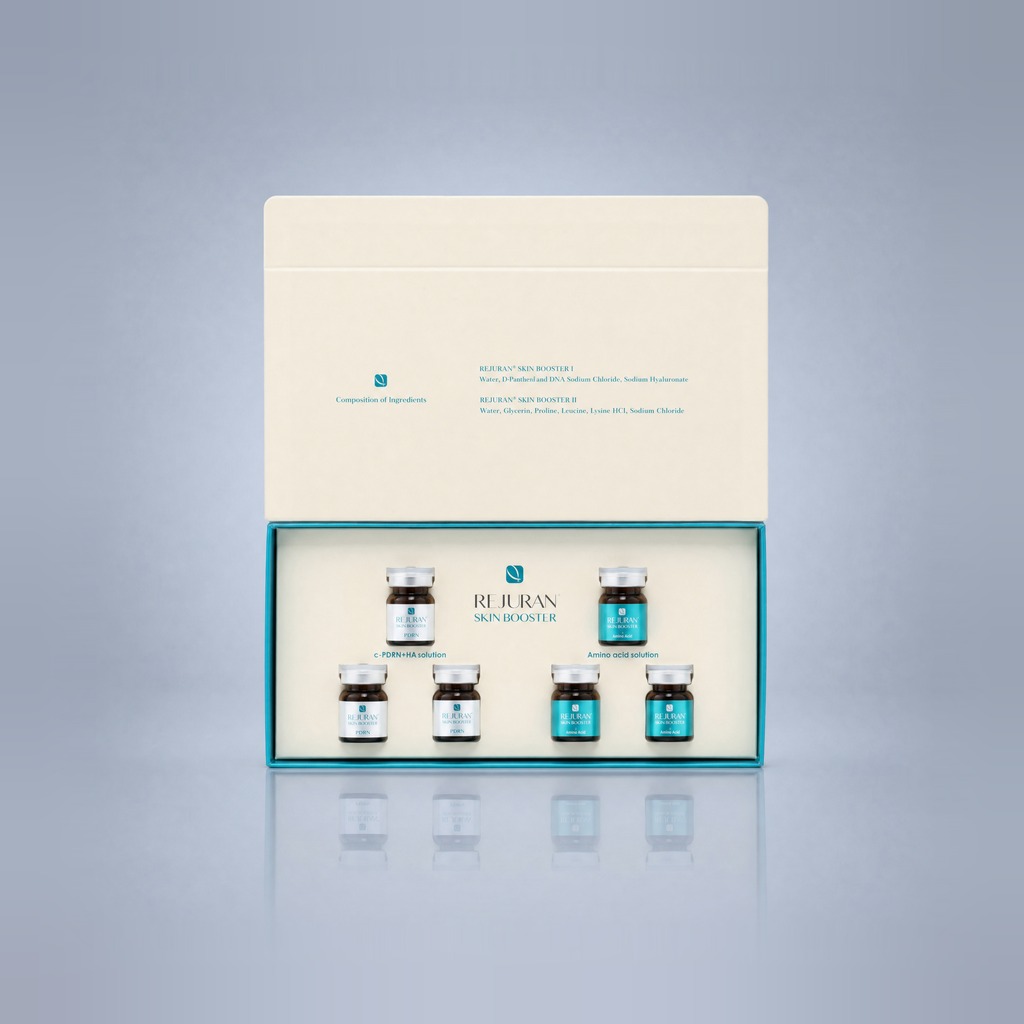Rejuran Skin Booster kit box open showing six 2 mL vials — c-PDRN with hyaluronic acid and amino-acid vials by PharmaResearch