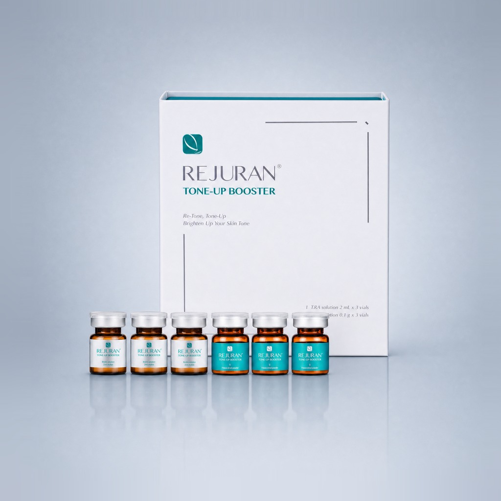 Rejuran Tone-up Booster box with six vials — c-PDRN liquid and vitamin C, glutathione, tranexamic acid powder kit by PharmaResearch
