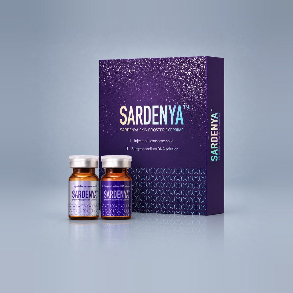 Sardenya Skinbooster Exoprime purple box with two vials — plant-derived exosome solid and dual PDRN solution kit by DFKBIOLAB Korea