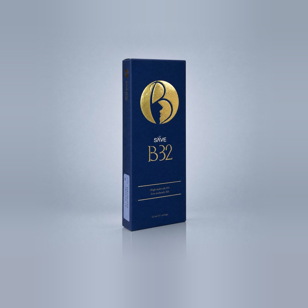 Save B32 navy box — high and low molecular weight hyaluronic acid skin booster, 2.5 mL prefilled syringe, Bella Korea